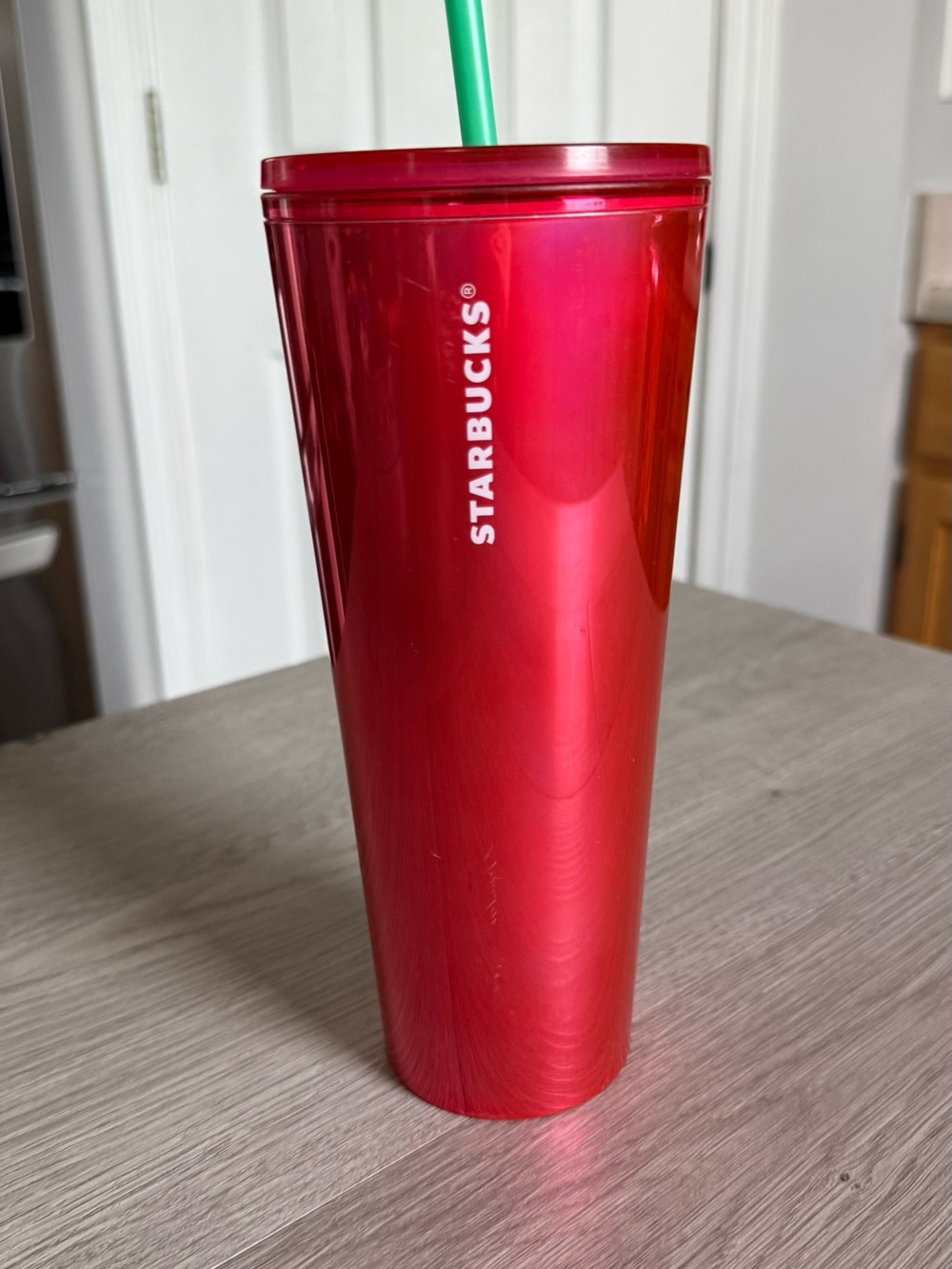 Starbucks Metallic Red Tall Cold Cup with Green Straw